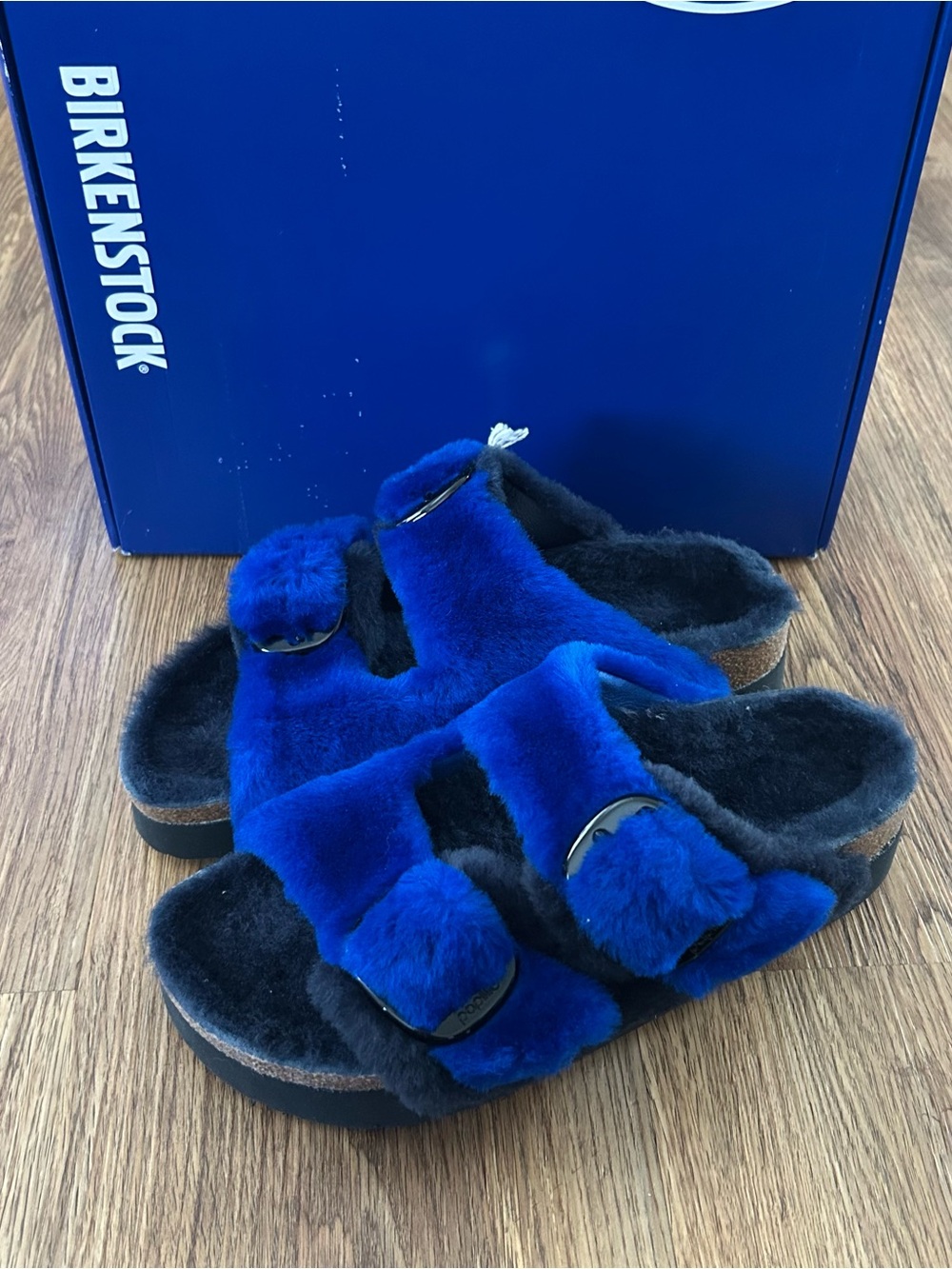 PAPILLIO by BIRKENSTOCK Arizona blue black fur platform sandals shoes eur 38 new - Picture 2 of 8